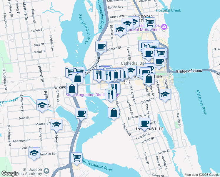 map of restaurants, bars, coffee shops, grocery stores, and more near 842 Sebastian Harbor Drive in St. Augustine