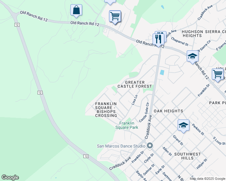 map of restaurants, bars, coffee shops, grocery stores, and more near 102 Spring Hollow Cove in San Marcos