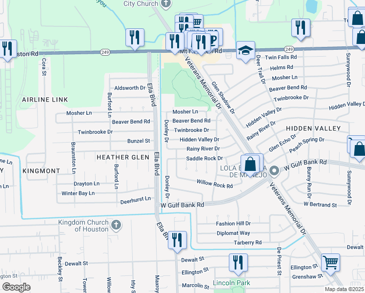map of restaurants, bars, coffee shops, grocery stores, and more near 1803 Rainy River Drive in Houston