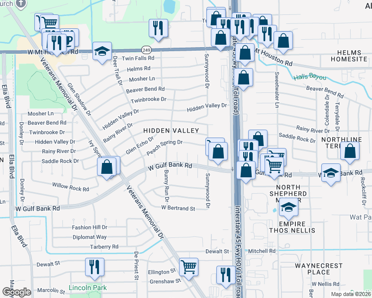 map of restaurants, bars, coffee shops, grocery stores, and more near 9023 Lazy River Lane in Houston