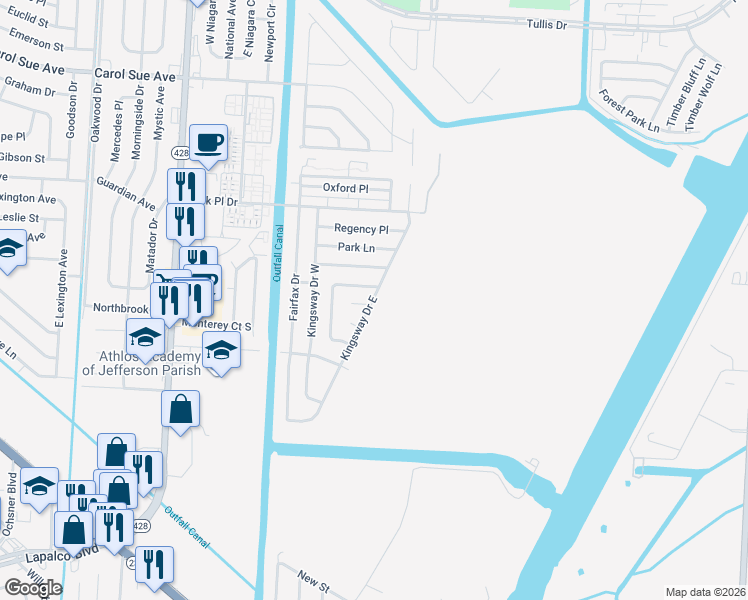 map of restaurants, bars, coffee shops, grocery stores, and more near 917 Kingsway Drive East in Terrytown