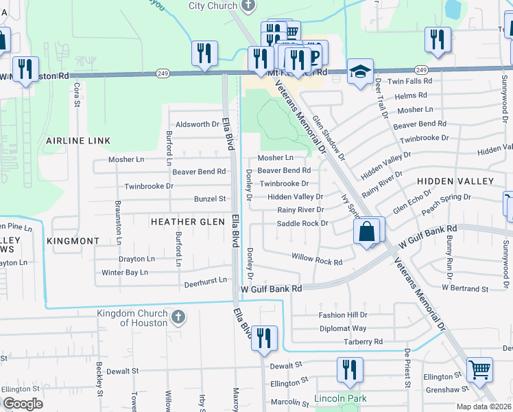 map of restaurants, bars, coffee shops, grocery stores, and more near 1803 Rainy River Drive in Houston