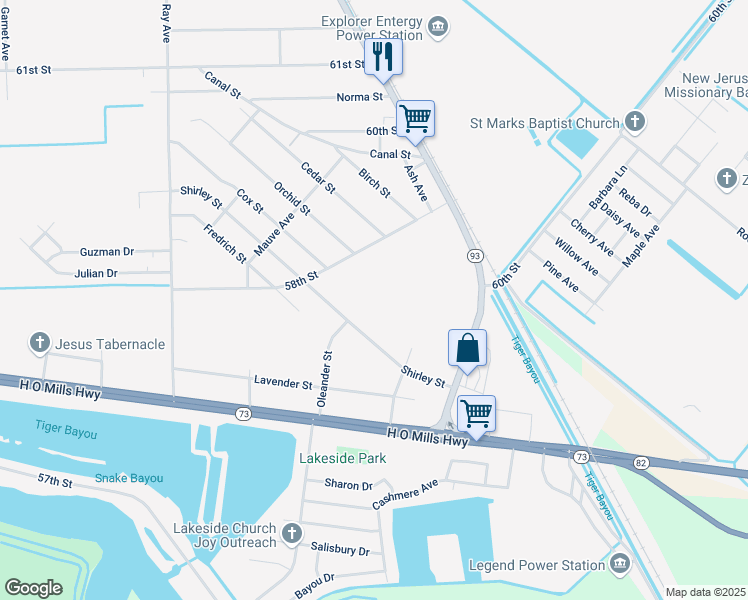 map of restaurants, bars, coffee shops, grocery stores, and more near 2149 Shirley Street in Port Arthur