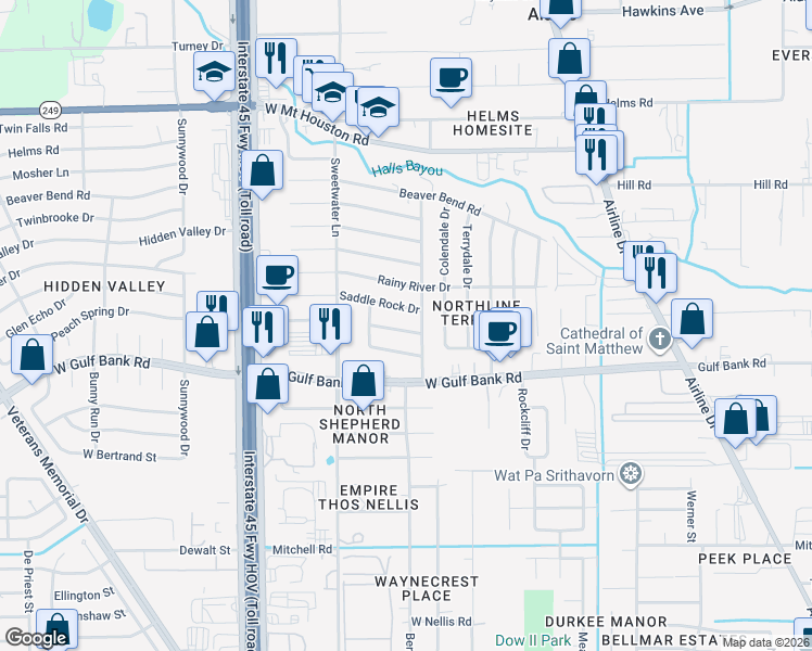 map of restaurants, bars, coffee shops, grocery stores, and more near 511 Peach Spring Drive in Houston