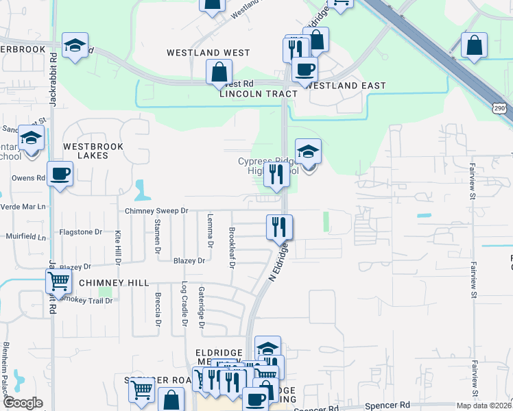 map of restaurants, bars, coffee shops, grocery stores, and more near 13155 Chimney Sweep Drive in Houston