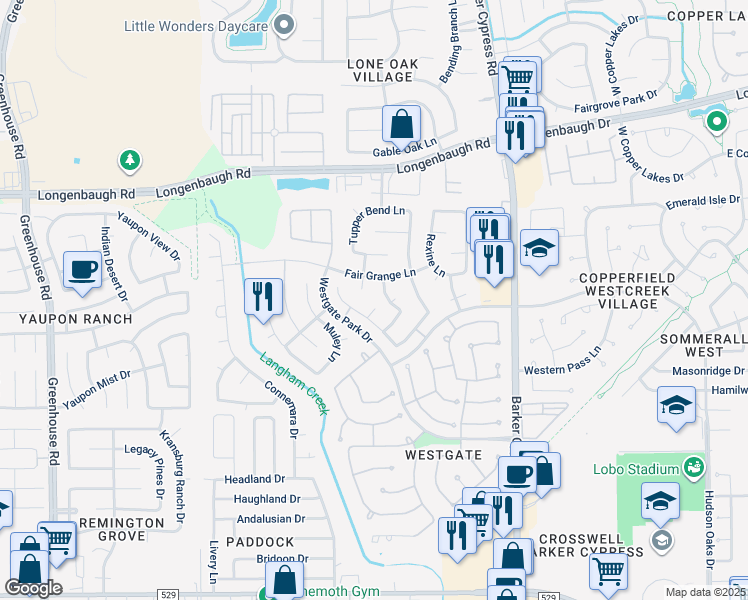 map of restaurants, bars, coffee shops, grocery stores, and more near 18202 Doral Rock Court in Cypress