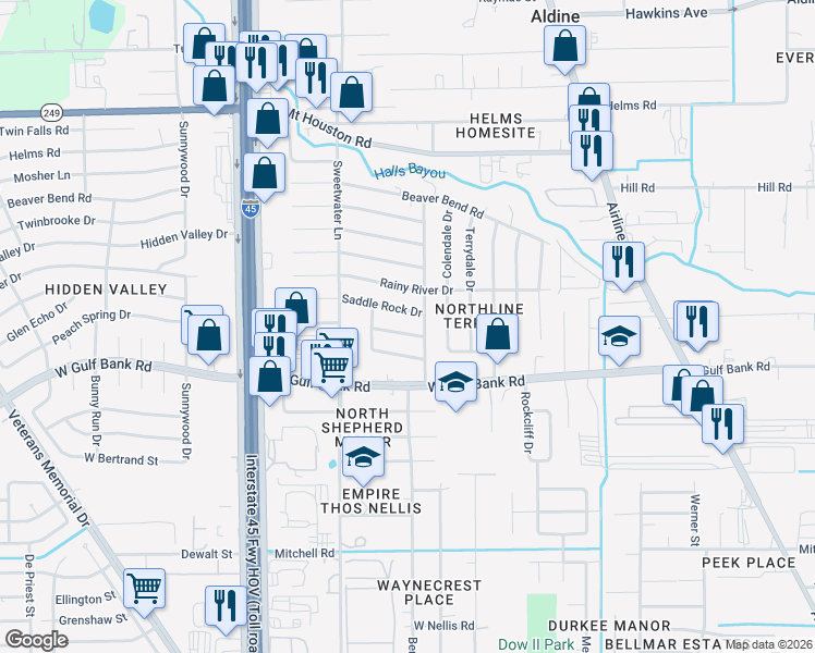 map of restaurants, bars, coffee shops, grocery stores, and more near 511 Peach Spring Drive in Houston
