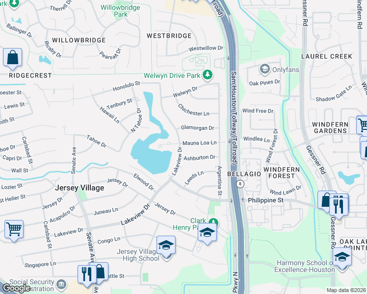 map of restaurants, bars, coffee shops, grocery stores, and more near 15302 Lakeview Drive in Jersey Village
