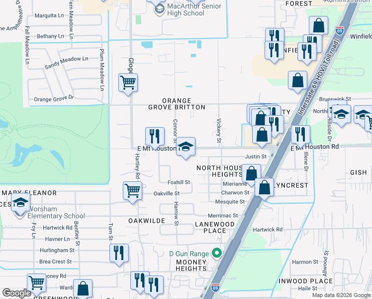 map of restaurants, bars, coffee shops, grocery stores, and more near 4514 E Mt Houston Rd in Houston