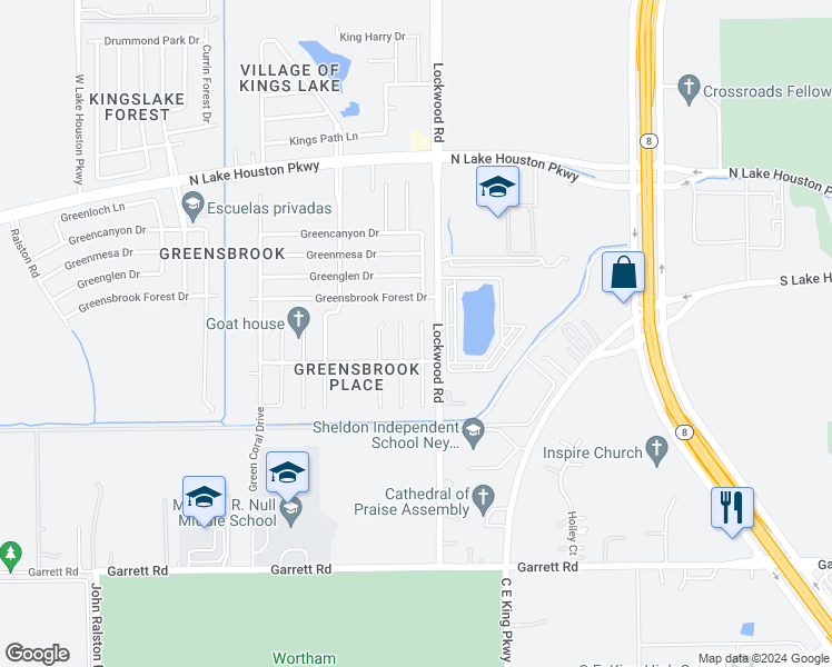 map of restaurants, bars, coffee shops, grocery stores, and more near 11727 Abby Ridge Way in Houston