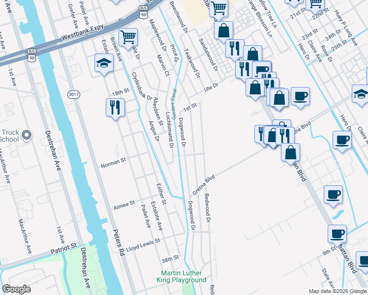 map of restaurants, bars, coffee shops, grocery stores, and more near 1380 Dogwood Drive in Harvey