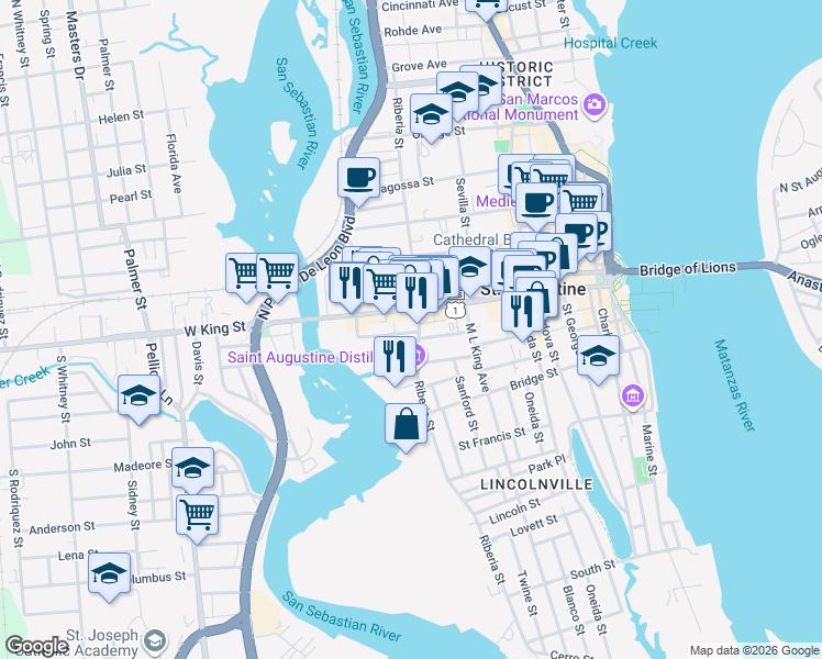 map of restaurants, bars, coffee shops, grocery stores, and more near 88 Riberia Street in St. Augustine