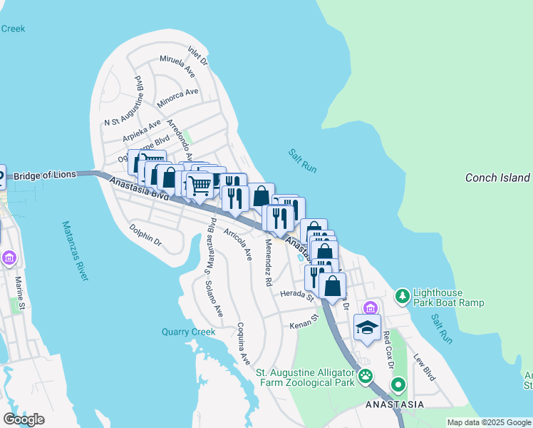 map of restaurants, bars, coffee shops, grocery stores, and more near 512 Anastasia Boulevard in St. Augustine