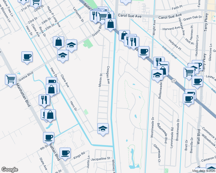 map of restaurants, bars, coffee shops, grocery stores, and more near 12 Cypress Street in Gretna