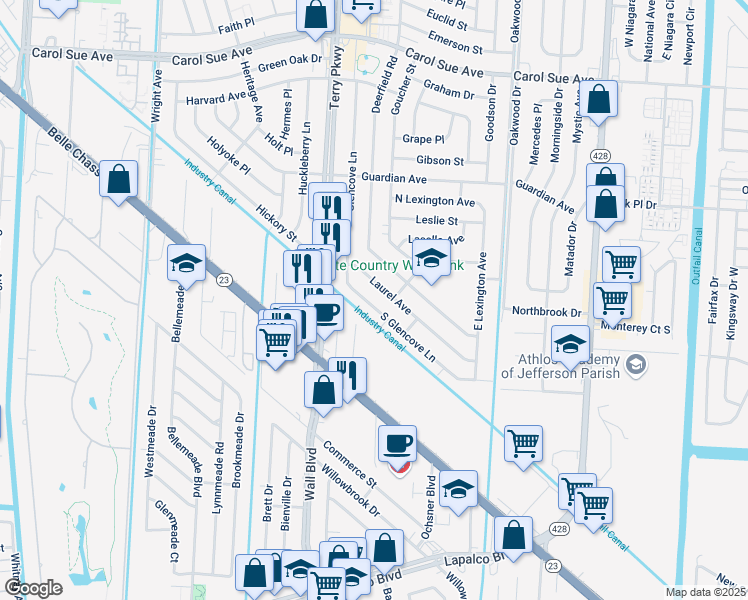 map of restaurants, bars, coffee shops, grocery stores, and more near 2052 South Glencove Lane in Gretna