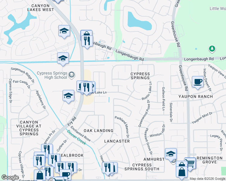 map of restaurants, bars, coffee shops, grocery stores, and more near 20014 Rustic Lake Lane in Cypress