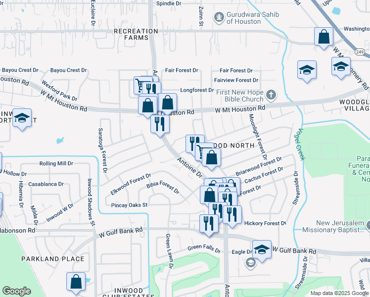 map of restaurants, bars, coffee shops, grocery stores, and more near 8430 Antoine Drive in Houston
