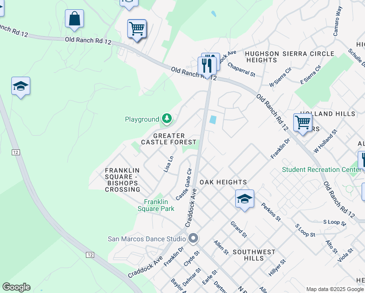map of restaurants, bars, coffee shops, grocery stores, and more near 1910 Nevada Street in San Marcos