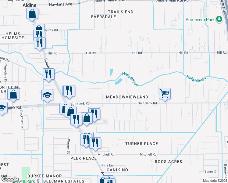 map of restaurants, bars, coffee shops, grocery stores, and more near 13227 Atlasta Lane in Houston