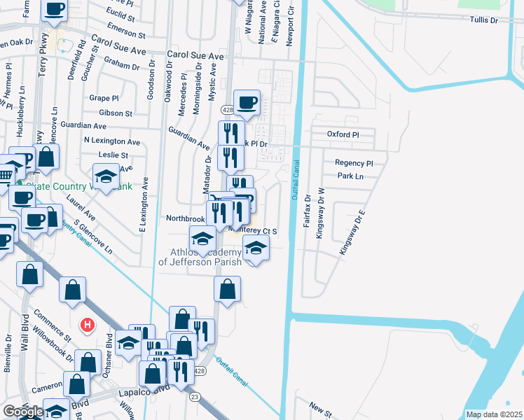 map of restaurants, bars, coffee shops, grocery stores, and more near 933 Monterey Court West in Terrytown