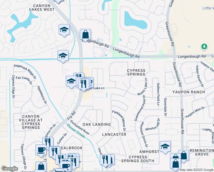map of restaurants, bars, coffee shops, grocery stores, and more near 20026 Rustic Lake Lane in Cypress