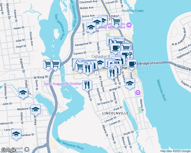 map of restaurants, bars, coffee shops, grocery stores, and more near 101 La Quinta Place in St. Augustine