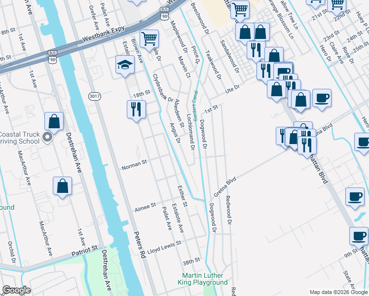 map of restaurants, bars, coffee shops, grocery stores, and more near 1317 Angus Drive in Harvey