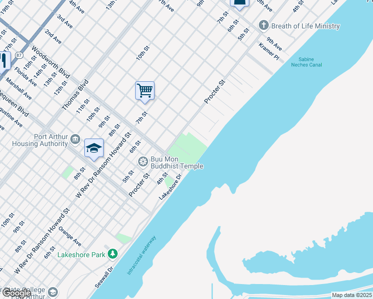 map of restaurants, bars, coffee shops, grocery stores, and more near 100 Woodworth Boulevard in Port Arthur