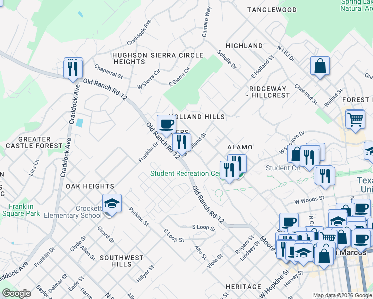 map of restaurants, bars, coffee shops, grocery stores, and more near 460 West Holland Street in San Marcos