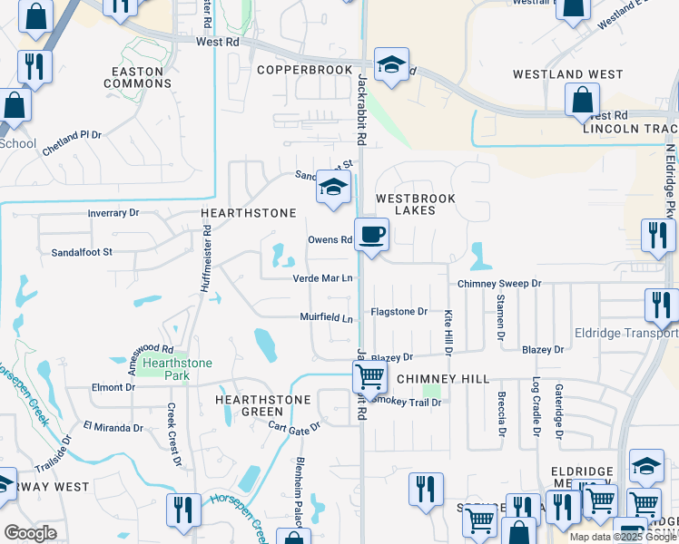 map of restaurants, bars, coffee shops, grocery stores, and more near 14119 Verde Mar Lane in Houston