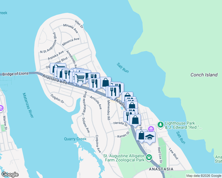 map of restaurants, bars, coffee shops, grocery stores, and more near 512 Anastasia Boulevard in St. Augustine
