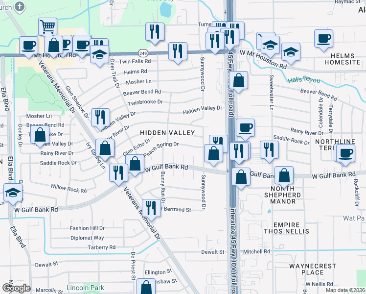 map of restaurants, bars, coffee shops, grocery stores, and more near 9023 Lazy River Lane in Houston