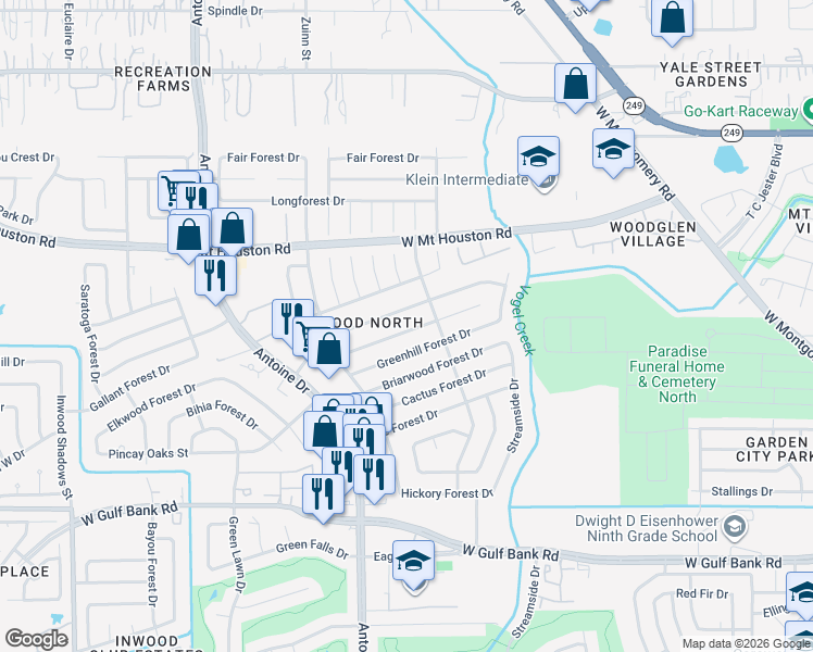 map of restaurants, bars, coffee shops, grocery stores, and more near 5523 Canyon Forest Drive in Houston