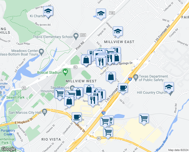 map of restaurants, bars, coffee shops, grocery stores, and more near 1354 Thorpe Lane in San Marcos