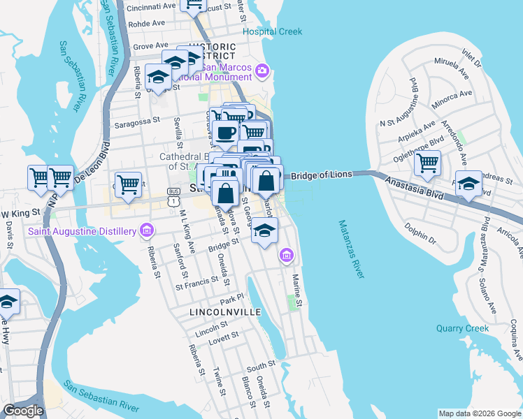 map of restaurants, bars, coffee shops, grocery stores, and more near 20 Aviles Street in St. Augustine