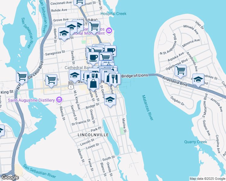 map of restaurants, bars, coffee shops, grocery stores, and more near 32 Marine Street in St. Augustine