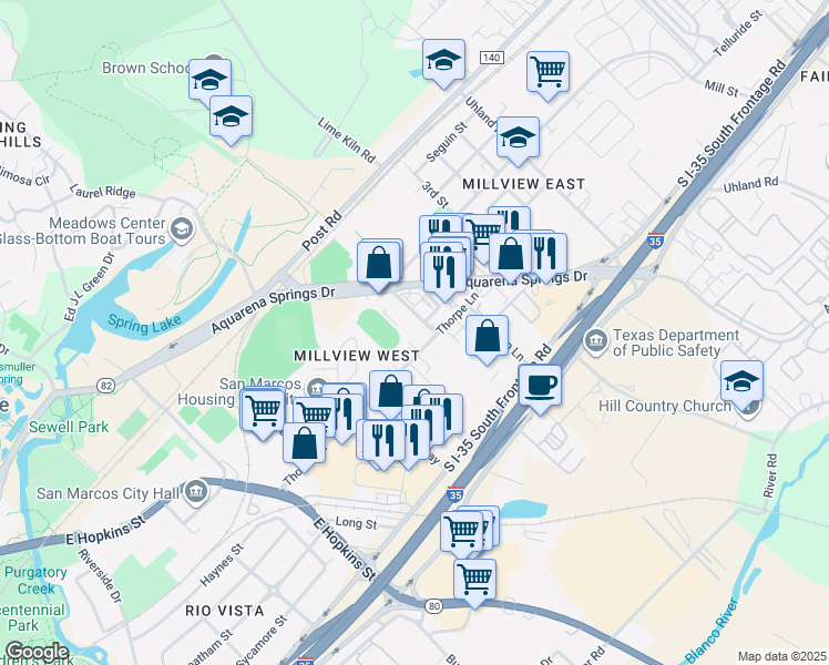 map of restaurants, bars, coffee shops, grocery stores, and more near 1354 Thorpe Lane in San Marcos
