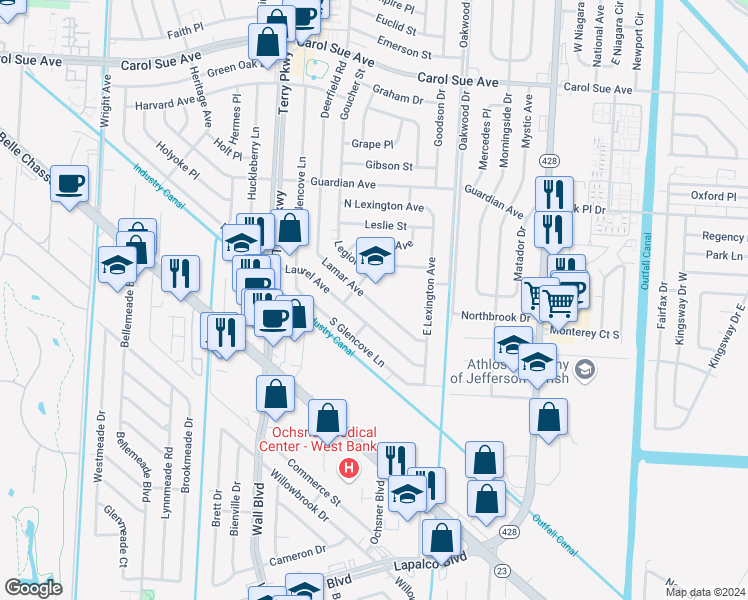 map of restaurants, bars, coffee shops, grocery stores, and more near 925 Lamar Avenue in Terrytown