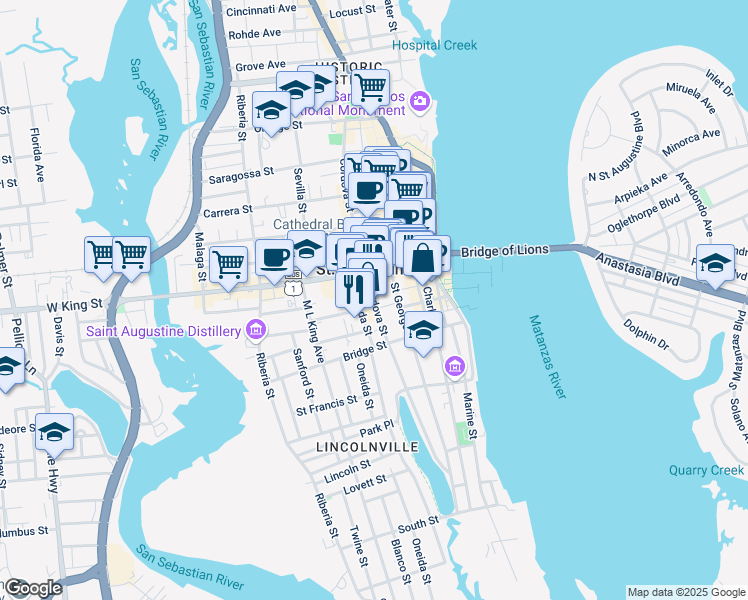 map of restaurants, bars, coffee shops, grocery stores, and more near 123 Cordova Street in Saint Augustine