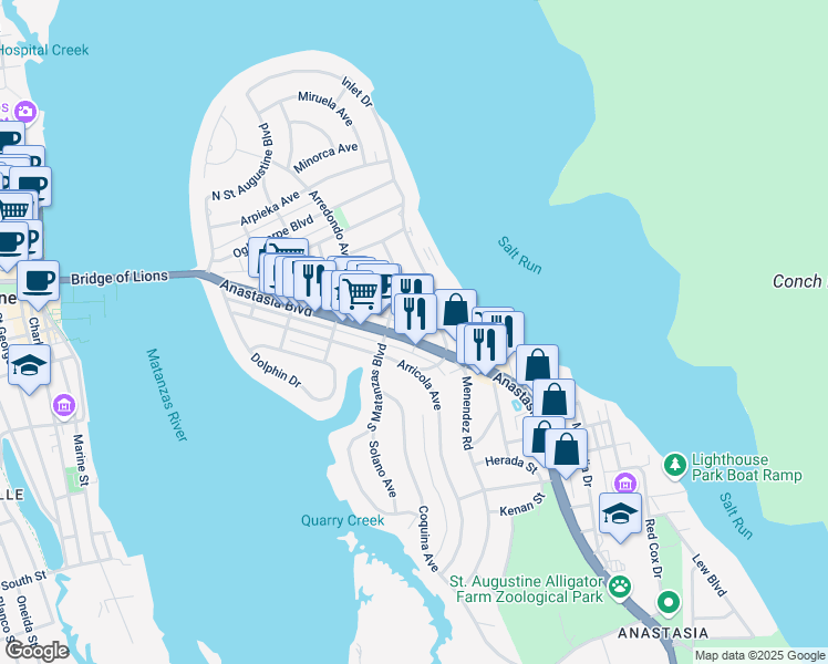 map of restaurants, bars, coffee shops, grocery stores, and more near 405 Anastasia Boulevard in St. Augustine