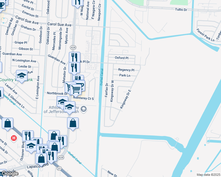 map of restaurants, bars, coffee shops, grocery stores, and more near 916 Kingsway Drive East in Terrytown