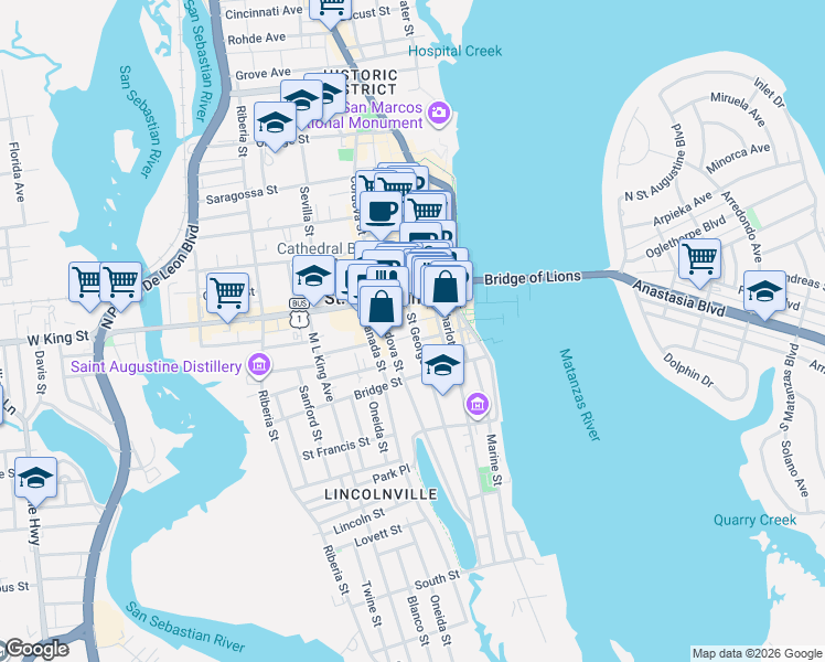 map of restaurants, bars, coffee shops, grocery stores, and more near 241 Saint George Street in St. Augustine