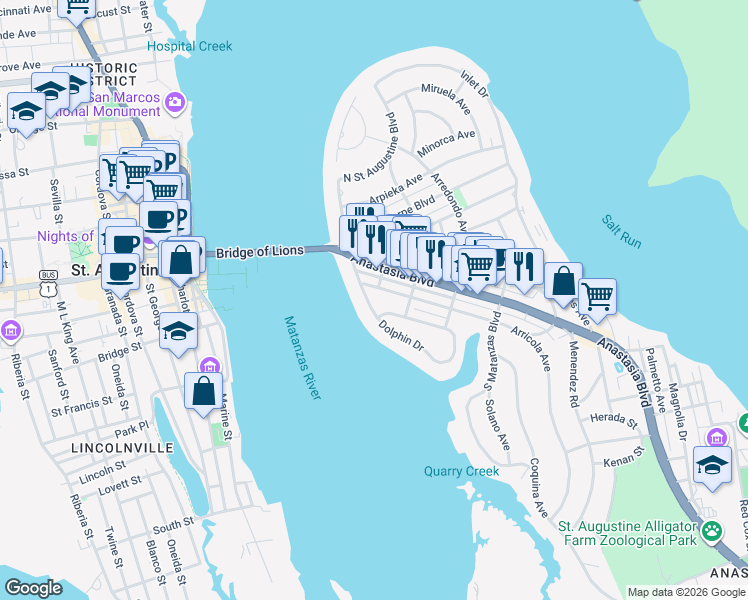 map of restaurants, bars, coffee shops, grocery stores, and more near 33 Dolphin Drive in St. Augustine