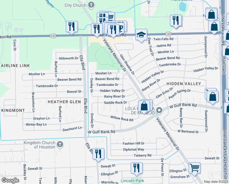 map of restaurants, bars, coffee shops, grocery stores, and more near 1511 Rainy River Drive in Houston