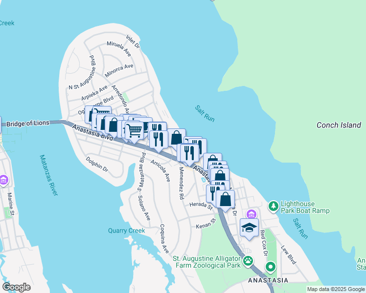 map of restaurants, bars, coffee shops, grocery stores, and more near 512 Anastasia Boulevard in St. Augustine
