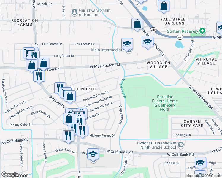 map of restaurants, bars, coffee shops, grocery stores, and more near 5418 Briarwood Forest Drive in Houston
