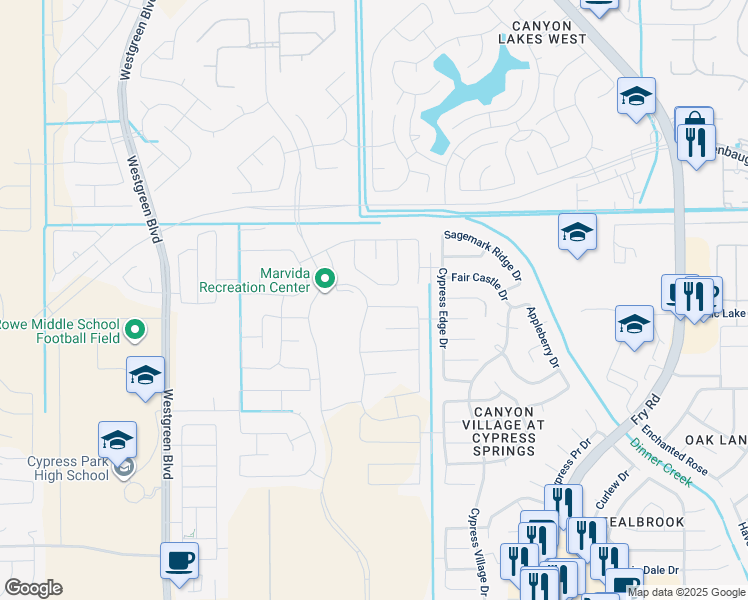 map of restaurants, bars, coffee shops, grocery stores, and more near 20723 Cypress Crescent in Cypress