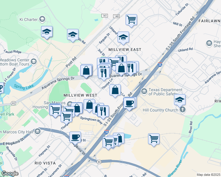 map of restaurants, bars, coffee shops, grocery stores, and more near 1354 Thorpe Lane in San Marcos