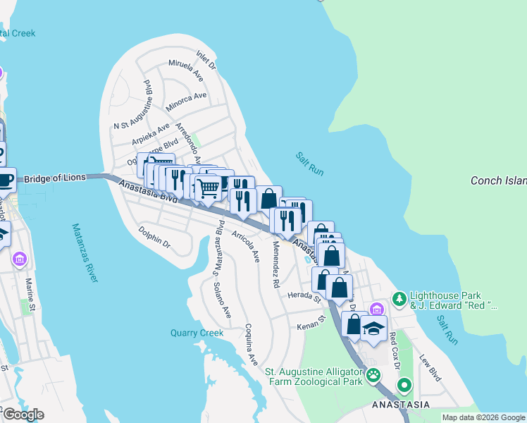 map of restaurants, bars, coffee shops, grocery stores, and more near 140 Moultrie Place in St. Augustine