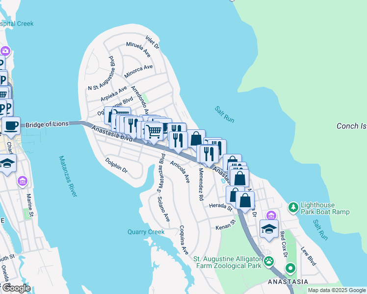 map of restaurants, bars, coffee shops, grocery stores, and more near 140 Moultrie Place in St. Augustine